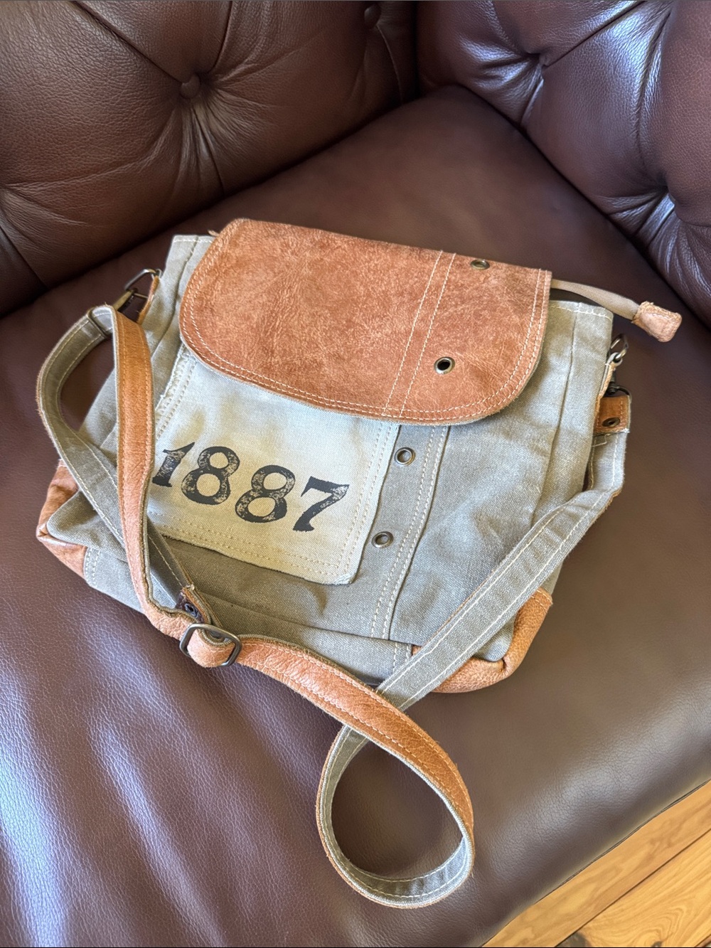 Benjamin 1887 Repurposed Canvas & Leather Crossbody Messenger Bag in Brown Olive